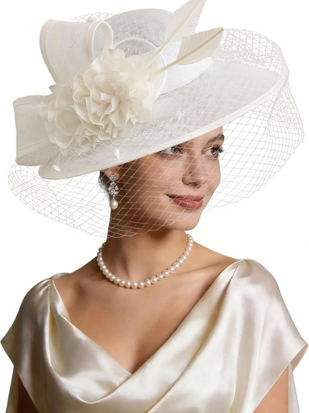Elegant Wide Brim Tea Party Fascinator Hat with Veil - Luxury Derby Wedding